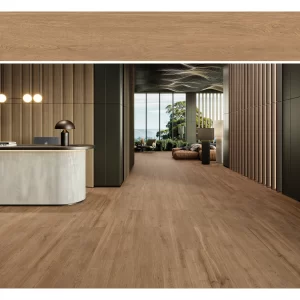 Architectural showcase of OMBRE Nature porcelain wood tile featuring a 20x120cm texture plank and a modern hospitality interior scene.
